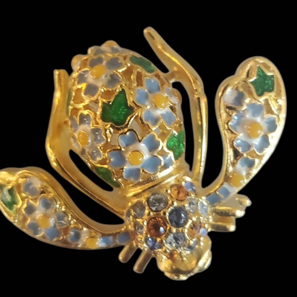 Joan Rivers Bee Pin With Green, Blue And Gold Crystals And Green Blue Enamel